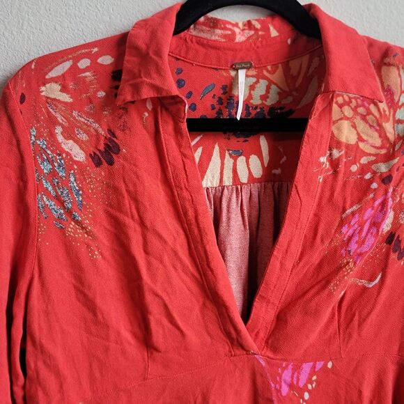 FREE PEOPLE FIELD OF BUTTERFLIES BOHO ORANGE TUNIC TOP SIZE M - Picture 5 of 10